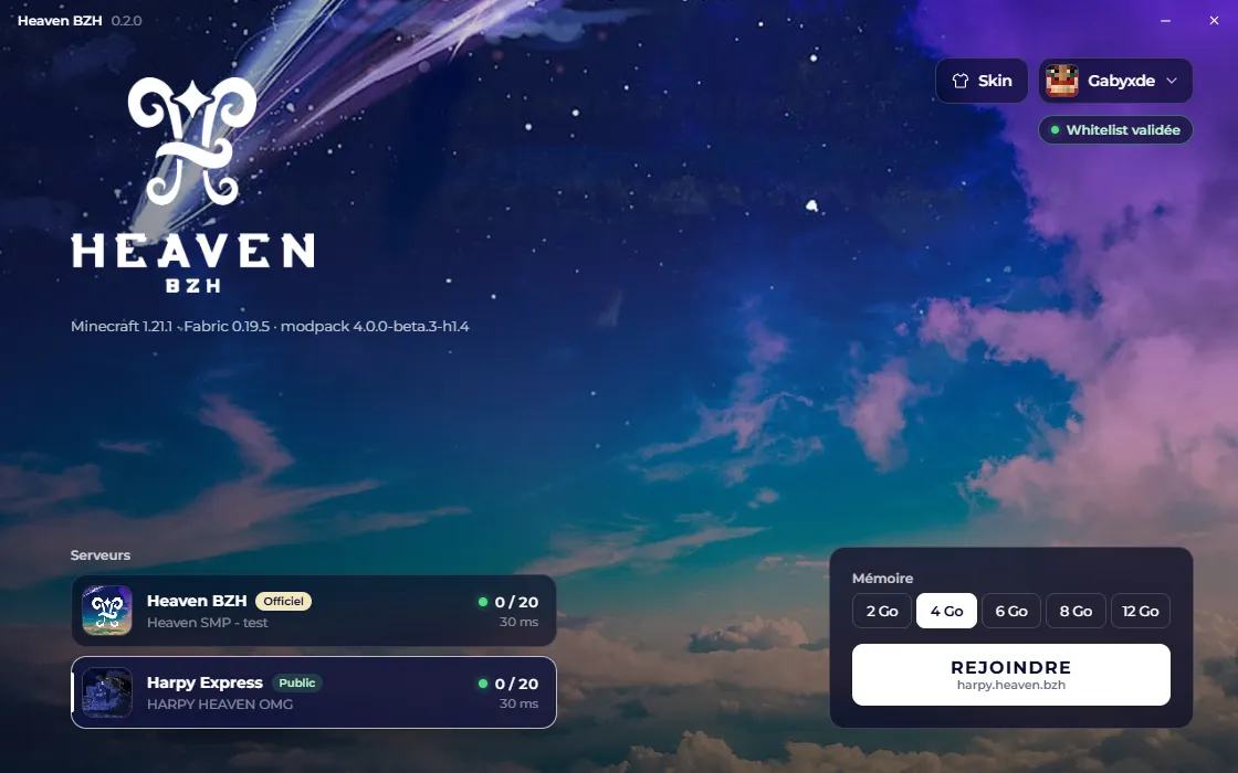 Écran d’accueil du launcher : le logo Heaven BZH, la liste des serveurs Heaven BZH et Harpy Express, le choix de la mémoire et le bouton Rejoindre